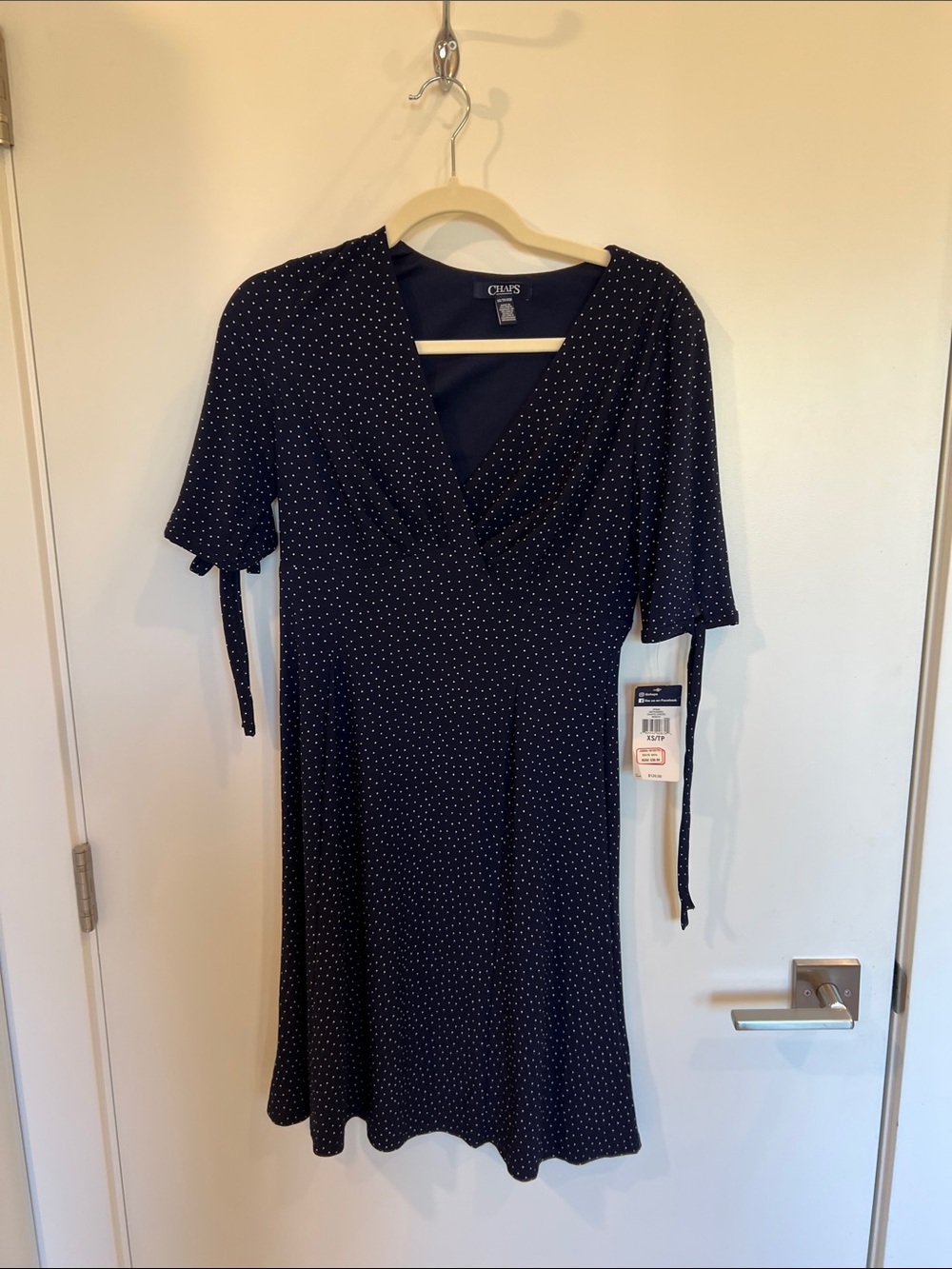 Chaps Navy White Polka Dot Wrap-Style Dress